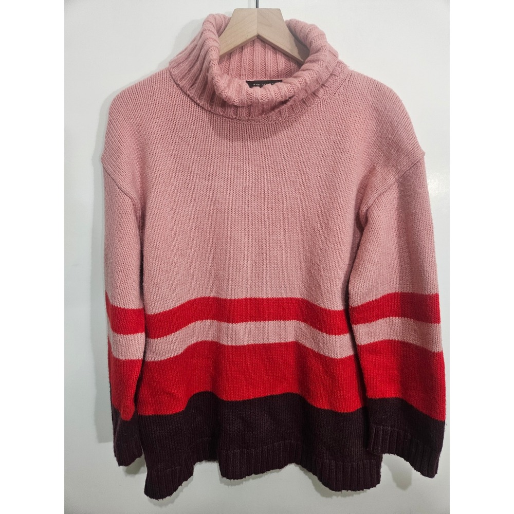 Ann Taylor Pink Red Striped Colorblock Turtleneck Sweater Large Chunky Knit
